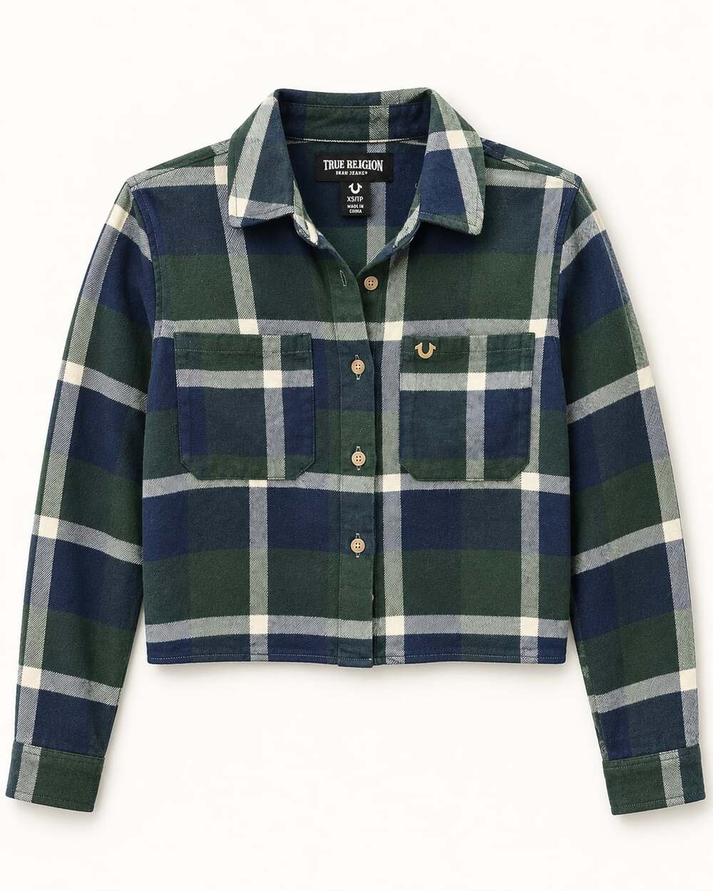 True Religion Women's Green Blue Plaid Cropped Flannel Long Sleeve